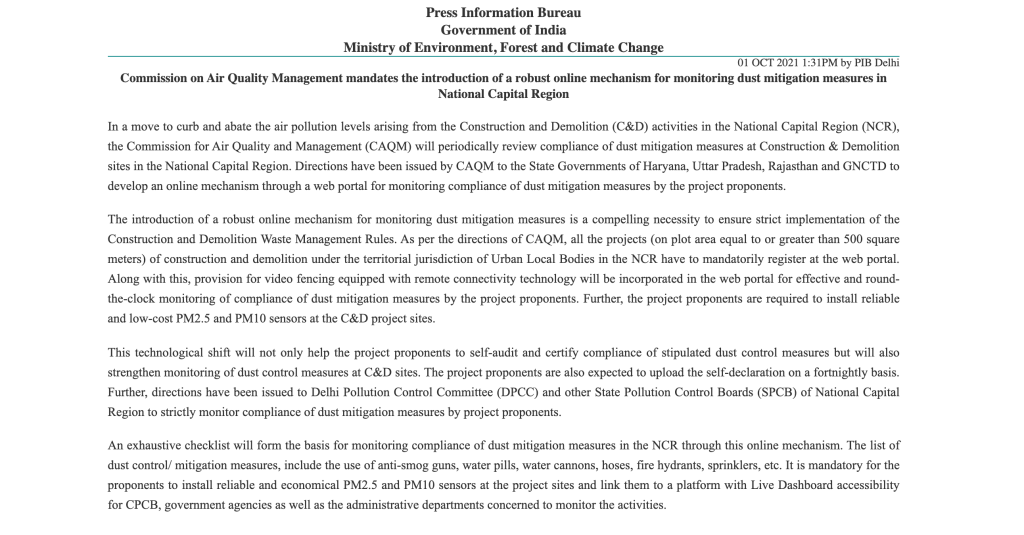 Press Information Bureau by Government of India for construction pollution Press Information Bureau by Government of India for construction pollution